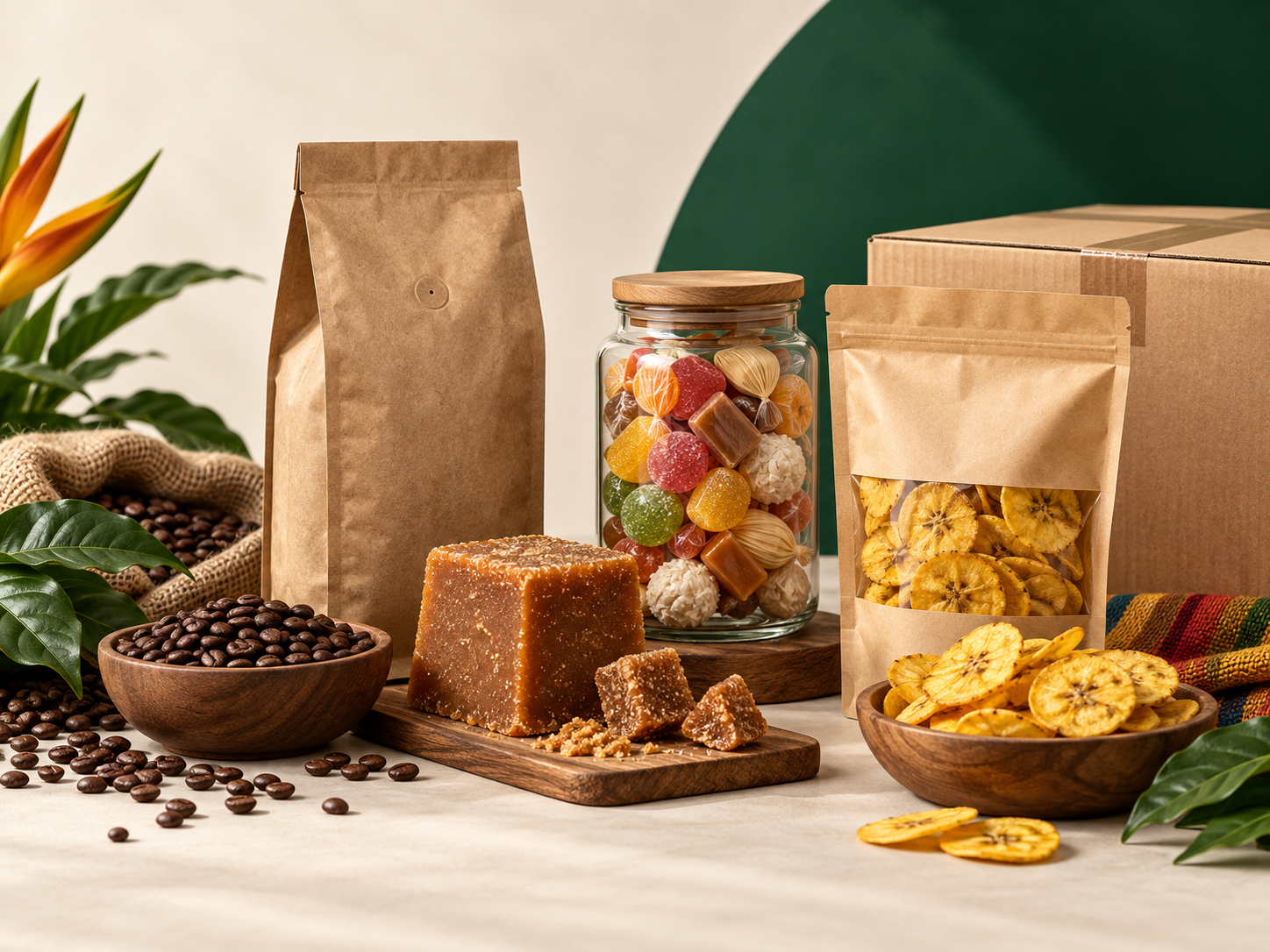 Productos colombianos para exportación: café, panela, dulces tradicionales y chips de plátano