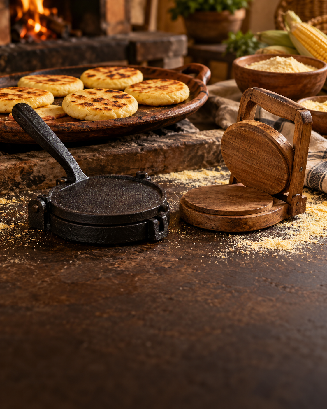 Máquinas e implementos tradicionales para hacer arepas