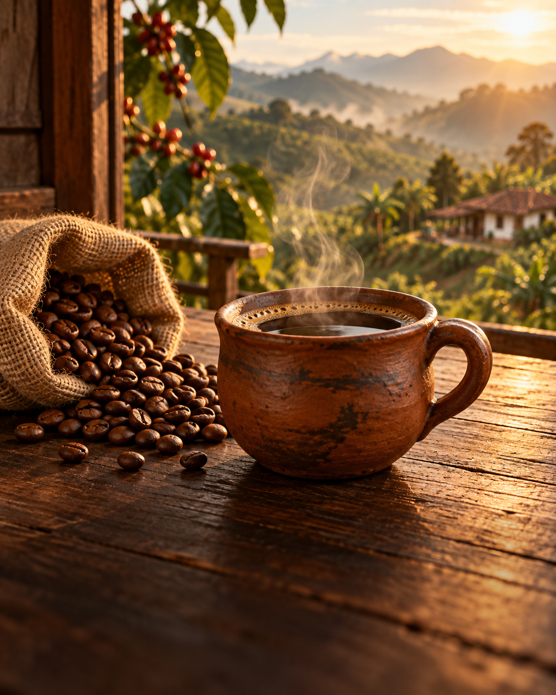 Café colombiano en grano con taza humeante y tostón artesanal